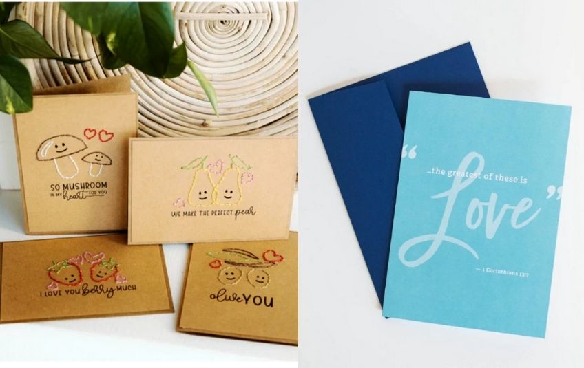 embroidered fruit pun cards and donation cards