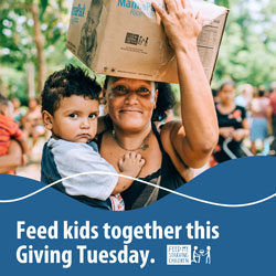 A woman holding a toddler and a box of FMSC food with the text 